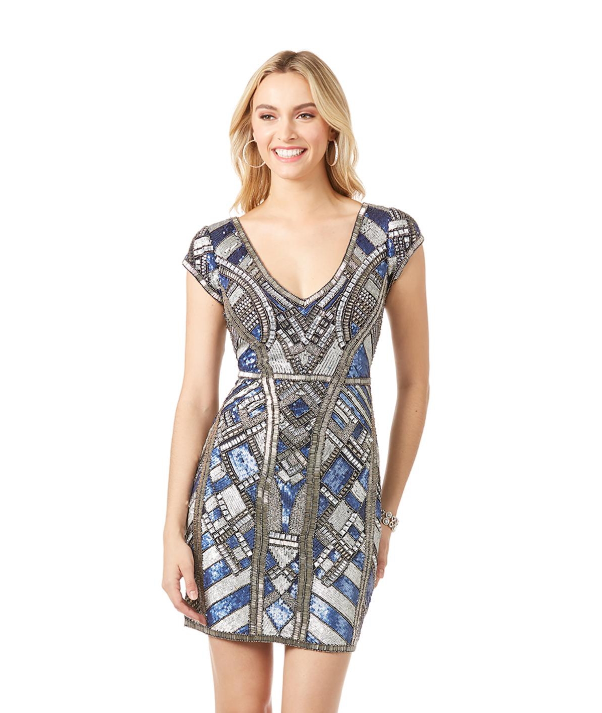 Lara Women’s Beaded, V-neck Mini Dress – Navy/silver Lara Women’s Beaded, V-neck Mini Dress – Navy/silver