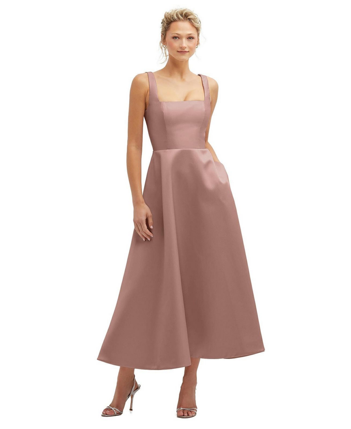 Square Neck Satin Midi Dress with Full Skirt & Pockets – Neu nude Square Neck Satin Midi Dress with Full Skirt & Pockets – Neu nude