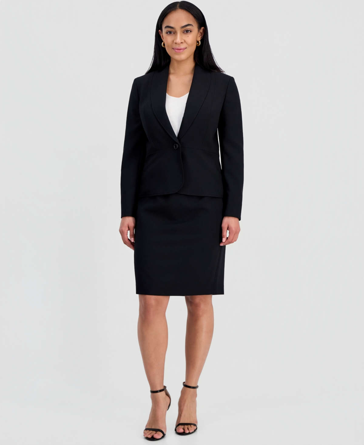 Le Suit Women’s Shawl-Collar Peplum Jacket & Yoked Slim Skirt Suit – Black Le Suit Women’s Shawl-Collar Peplum Jacket & Yoked Slim Skirt Suit – Black