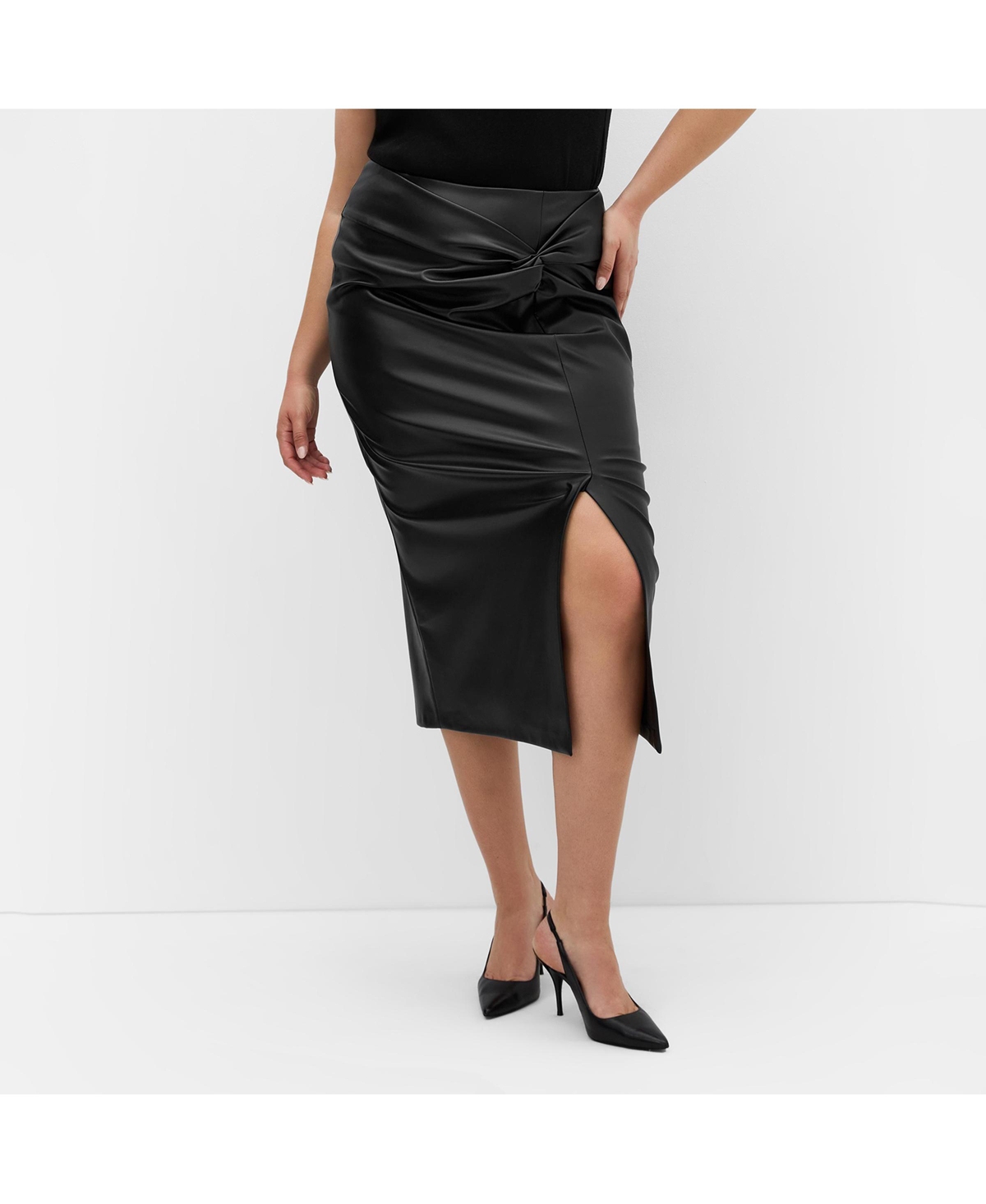 City Chic Women’s Petra Faux Leather Midi Skirt – Black