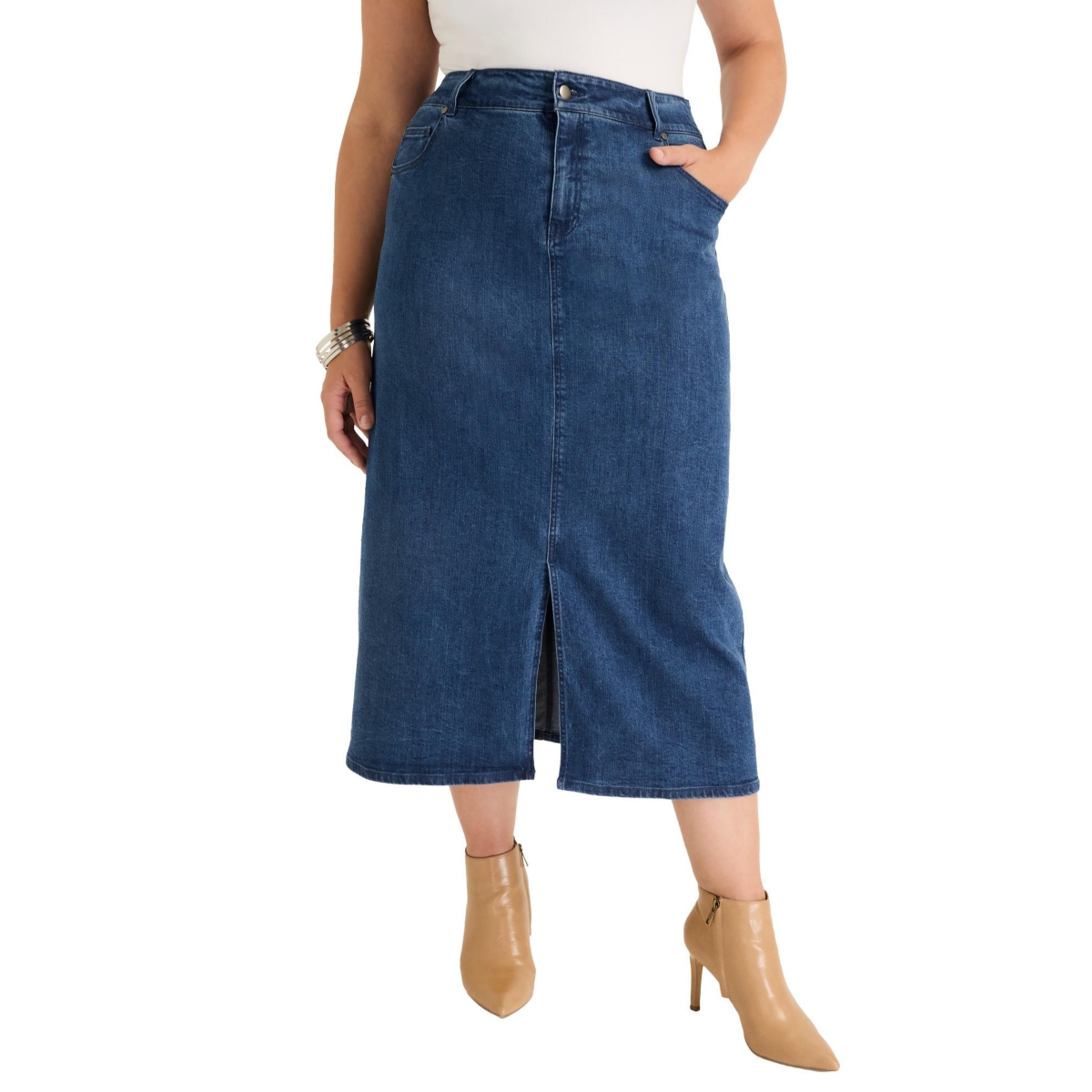 June + Vie Women’s June + Vie Front-Slit Denim Midi Skirt – Medium blue June + Vie Women’s June + Vie Front-Slit Denim Midi Skirt – Medium blue