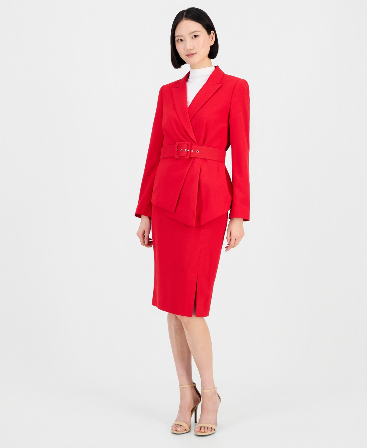 Tahari Asl Women’s Asymmetrical Belted Jacket & Pencil Skirt Suit Set – Red Tahari Asl Women’s Asymmetrical Belted Jacket & Pencil Skirt Suit Set – Red