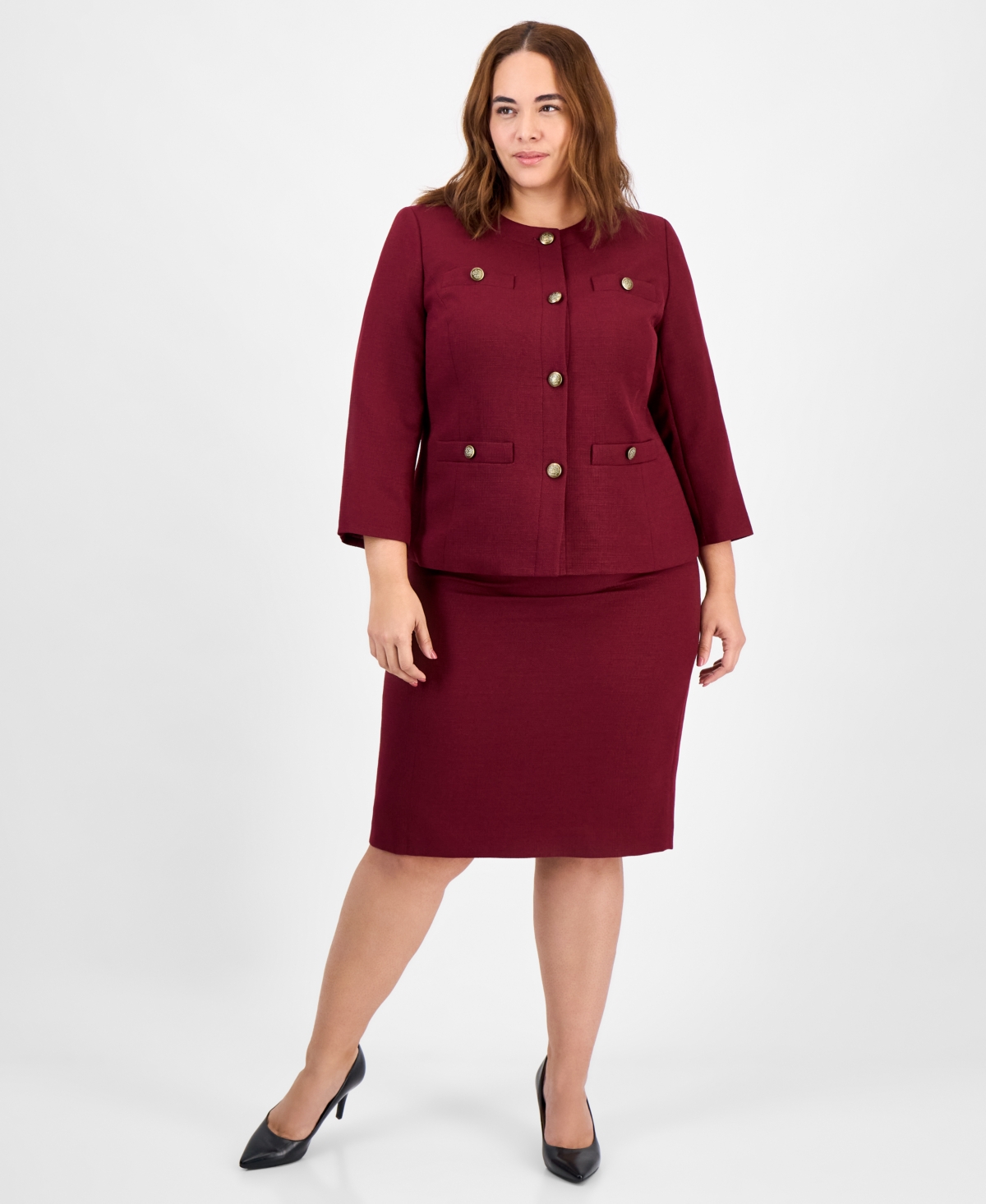 Le Suit Plus Size Button-Front Jacket & Pencil 2 Piece Skirt Suit – Bordeaux Le Suit Plus Size Button-Front Jacket & Pencil 2 Piece Skirt Suit – Bordeaux