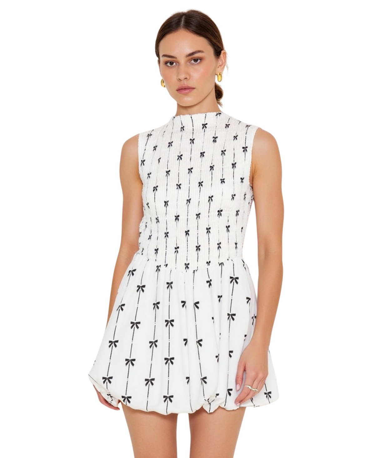 Modenaire Women’s Sleeveless Smocked High Neck Embroidered Mini Dress – White/black
