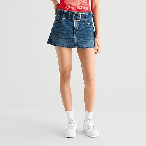 Arizona Belted Womens Juniors Low Rise Mini Denim Skirt, 0, Blue
