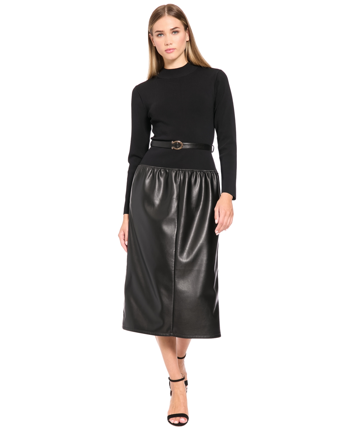 Luxely Women’s Long-Sleeve Mock-Neck Mixed-Media Midi Dress – Meteorite
