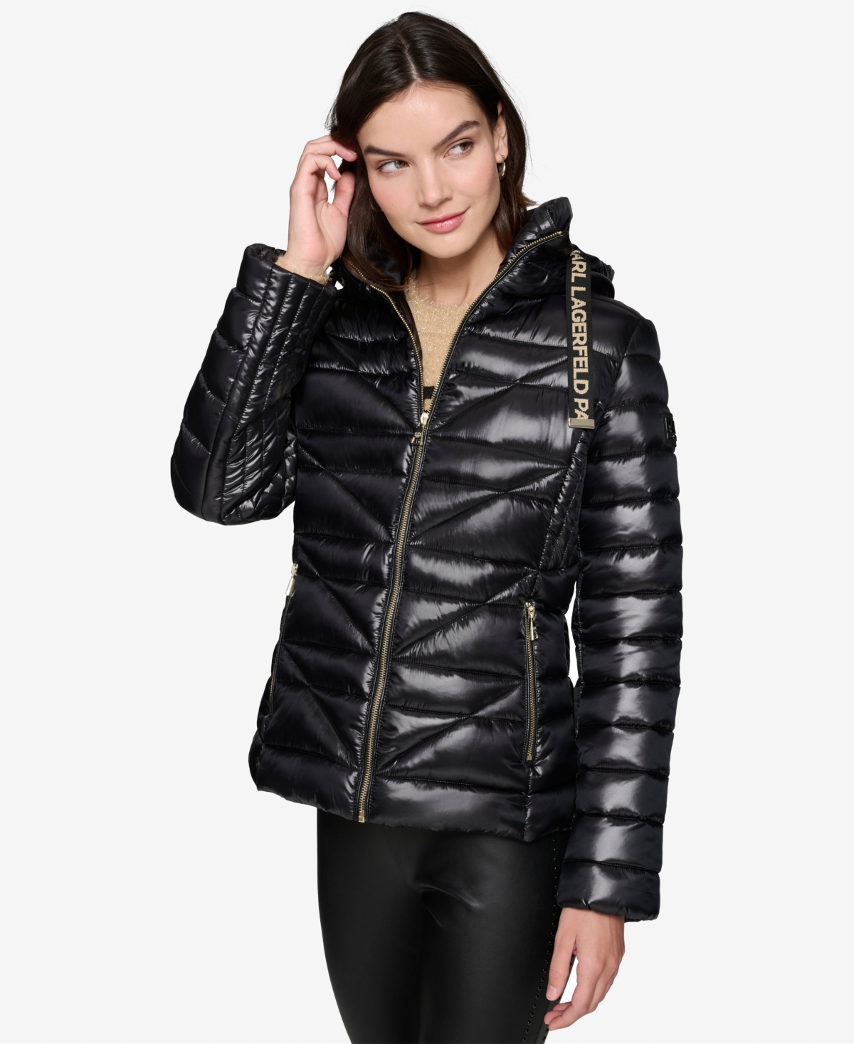 Karl Lagerfeld Paris Women’s Drawstring Puffer Coat – Black
