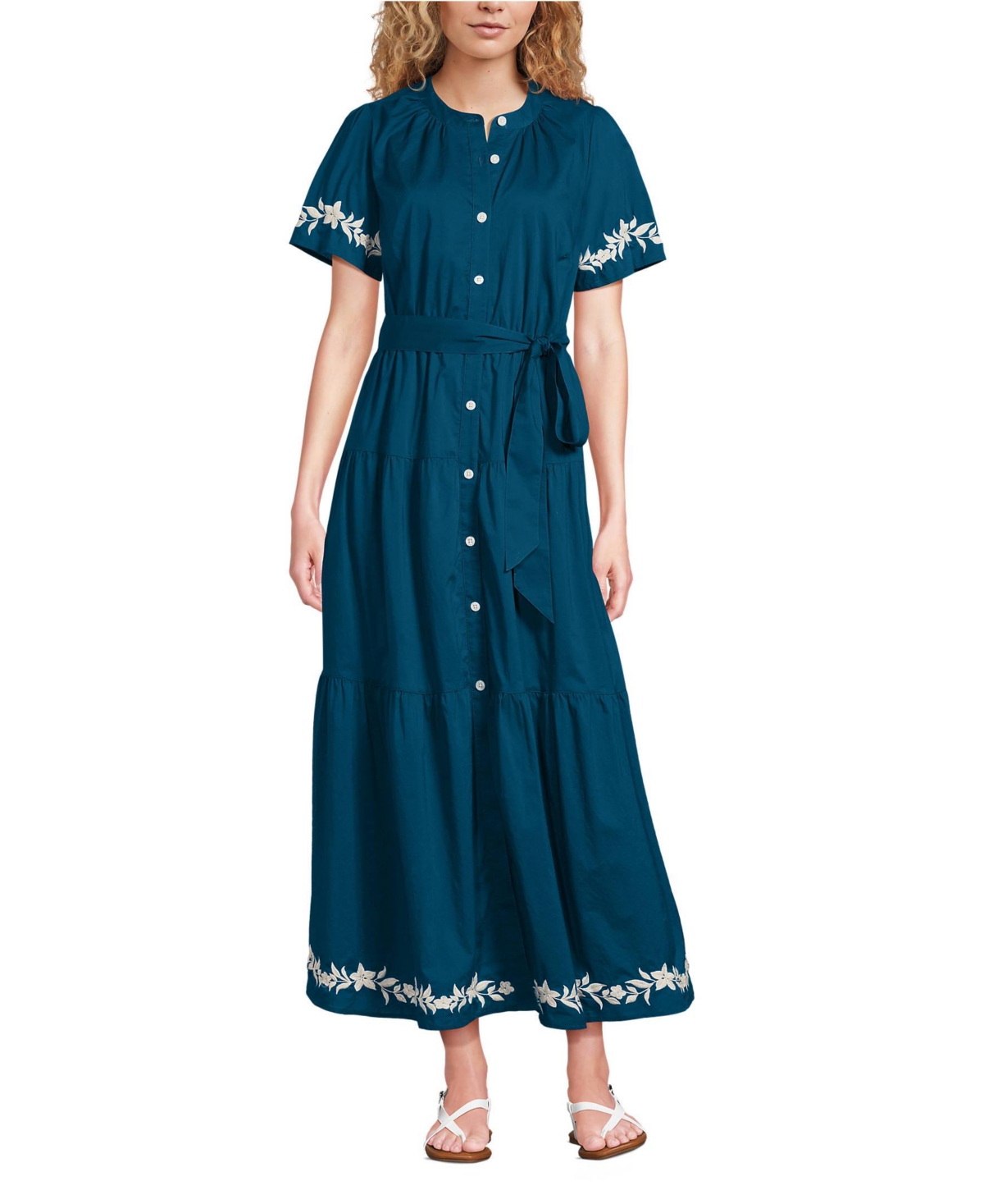 Lands’ End Women’s Cotton Voile Button Front Maxi Dress – Baltic teal floral vine Lands’ End Women’s Cotton Voile Button Front Maxi Dress – Baltic teal floral vine
