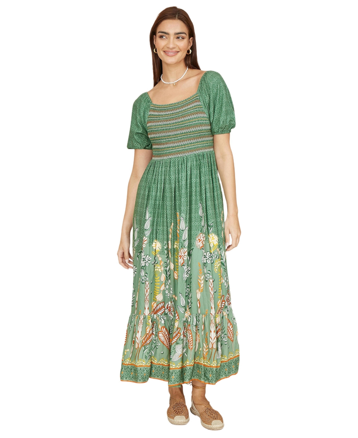 Yumi Women’s Ruched Leaf Print Maxi Dress – Green Yumi Women’s Ruched Leaf Print Maxi Dress – Green