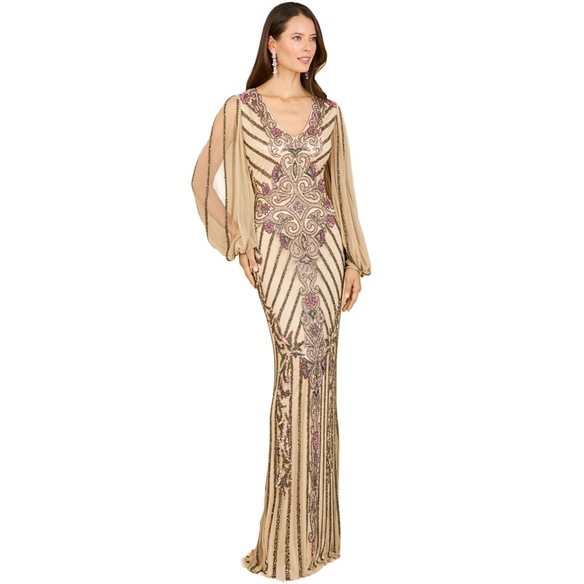 Lara Women’s Long Flutter Sleeves Beaded Dress – Nude/multi Lara Women’s Long Flutter Sleeves Beaded Dress – Nude/multi