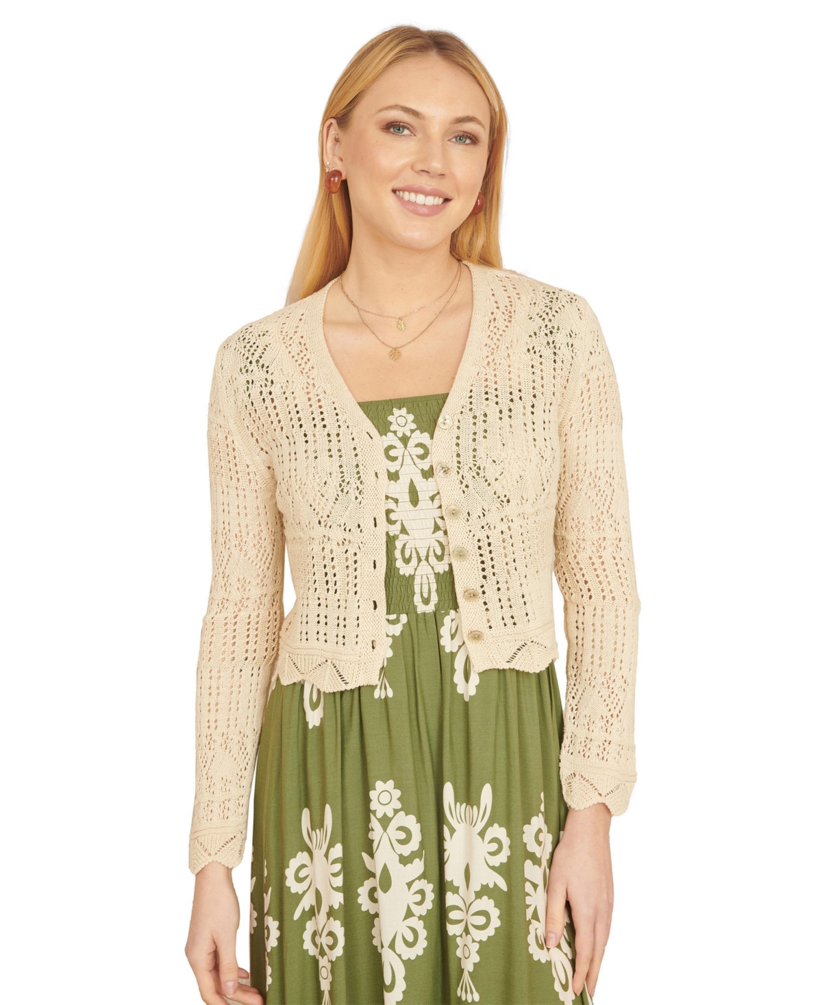 Yumi Women’s Crochet Knitted Cropped Cardigan – Beige Yumi Women’s Crochet Knitted Cropped Cardigan – Beige