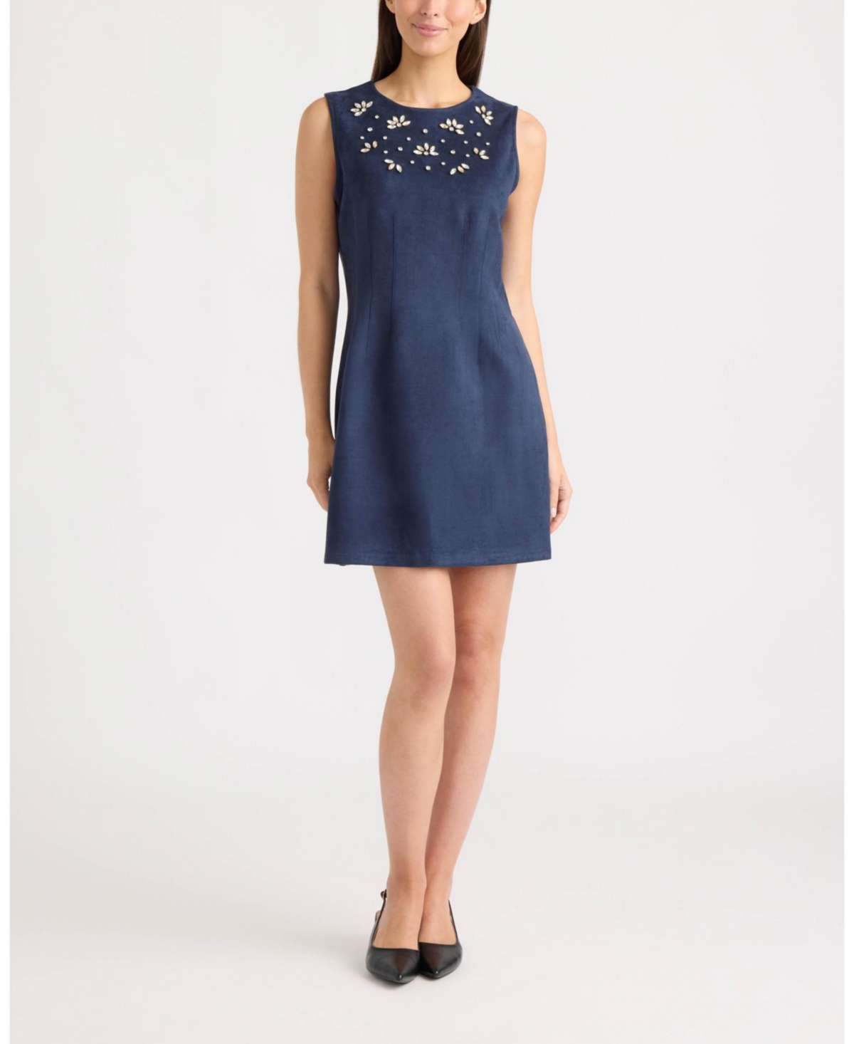 Ellen Tracy Women’s Embellished Faux Suede Dress – Navy