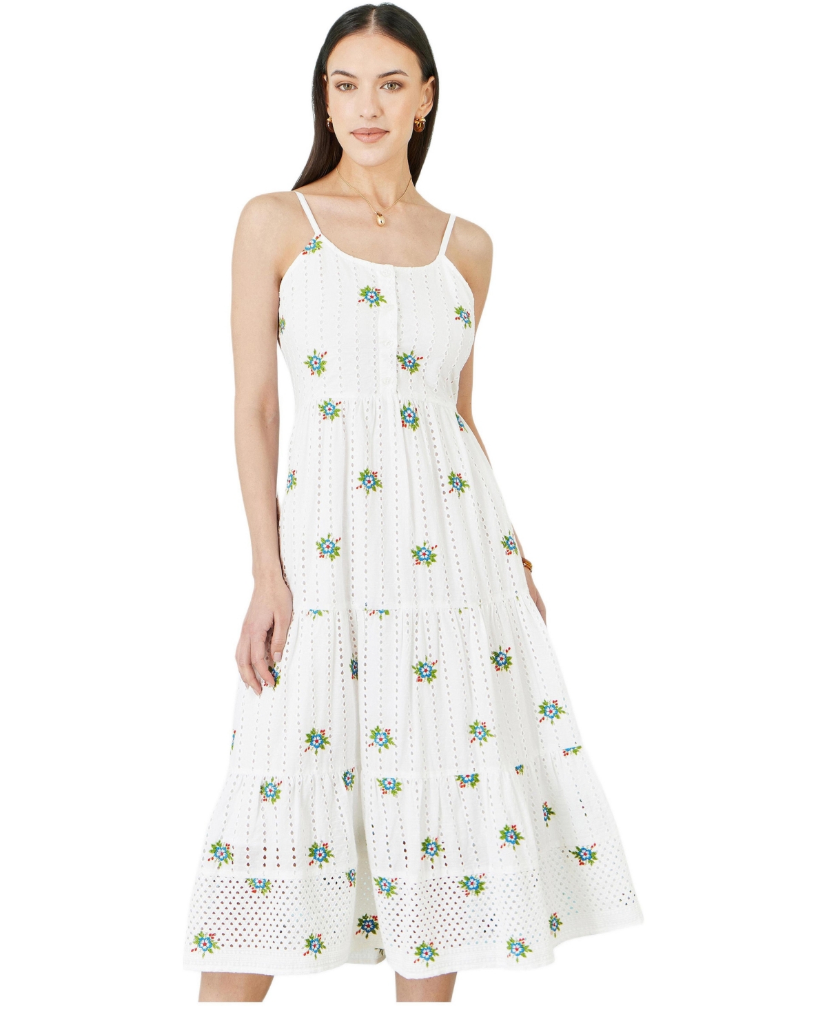 Yumi Women’s Embroidered Broderie Midi Sun Dress – White Yumi Women’s Embroidered Broderie Midi Sun Dress – White