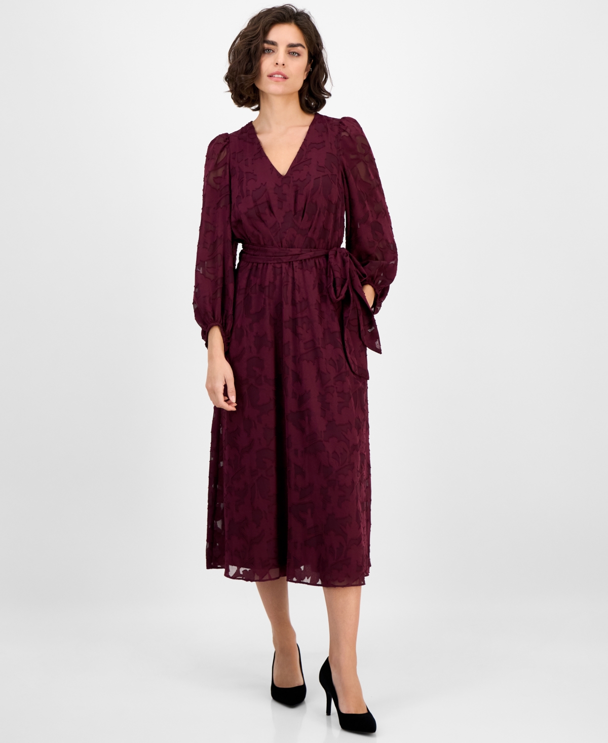 Anne Klein Women’s Jacquard V-Neck 3/4-Sleeve Midi Dress – Dark Chianti Anne Klein Women’s Jacquard V-Neck 3/4-Sleeve Midi Dress – Dark Chianti
