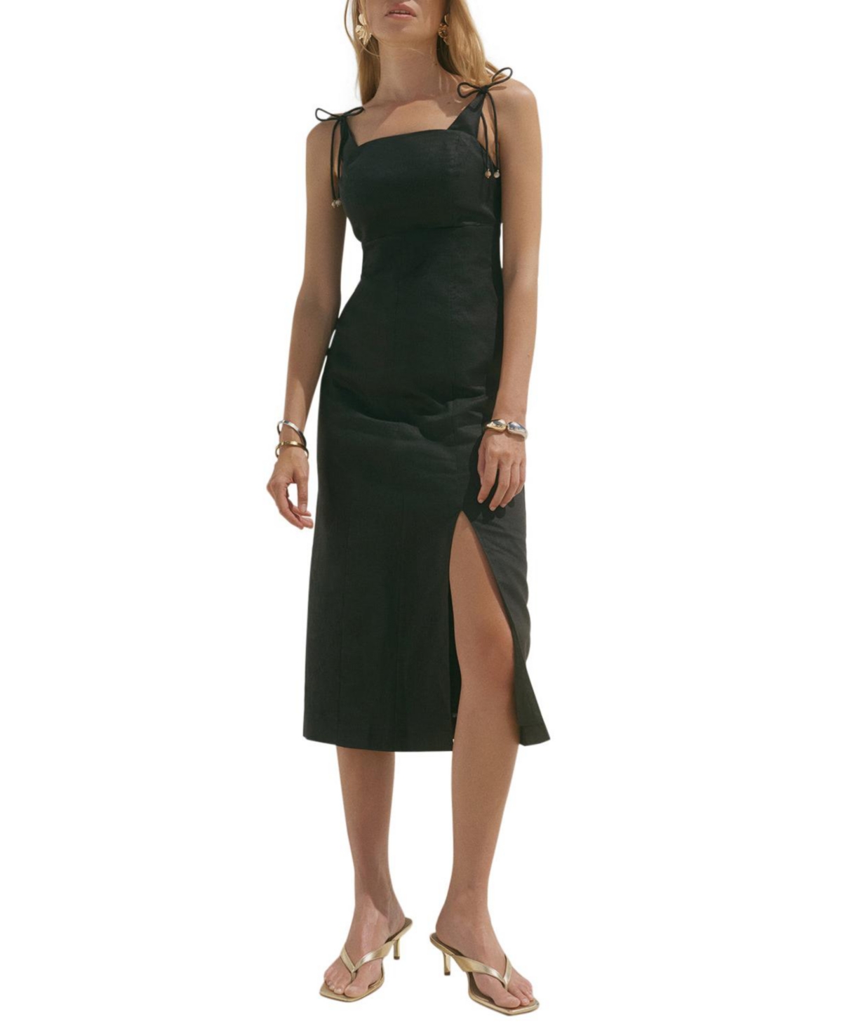 Mint Velvet Women’s Linen Square-Neck Bow-Detail Midi Dress – Black Mint Velvet Women’s Linen Square-Neck Bow-Detail Midi Dress – Black