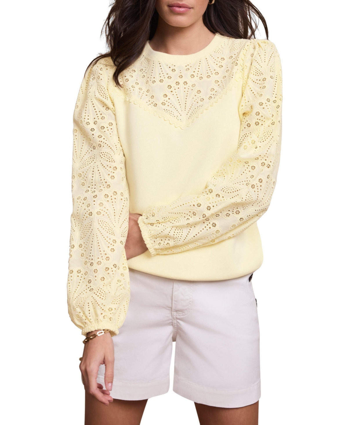 Mint Velvet Women’s Cotton-Blend Broderie Blouson-Sleeve Sweatshirt – Yellow