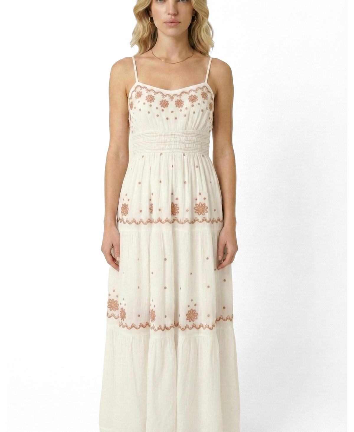 Modenaire Women’s Sleeveless Embroidered Tiered Maxi Dress – White Modenaire Women’s Sleeveless Embroidered Tiered Maxi Dress – White