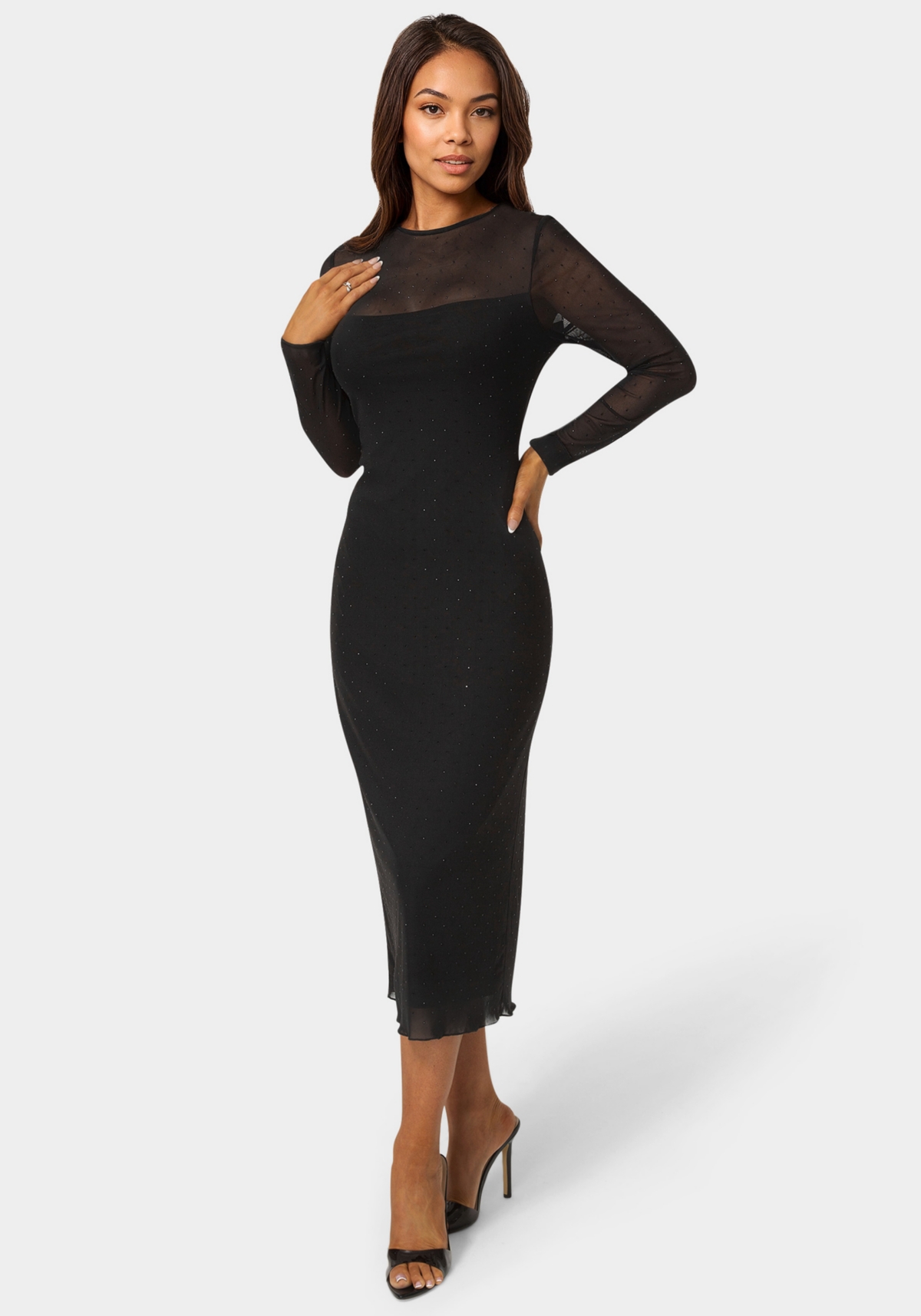 Bebe Women’s Rhinestone Mesh Long Sleeve Maxi Dress – Black