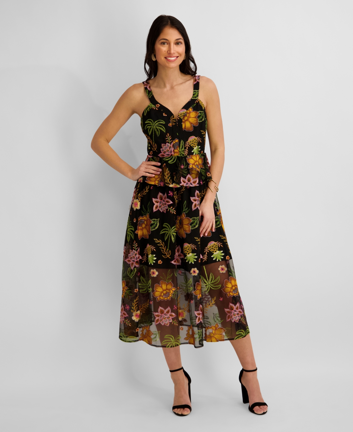 Kensie Women’s Embroidered Mesh V-Neck Midi Dress – Black Multi