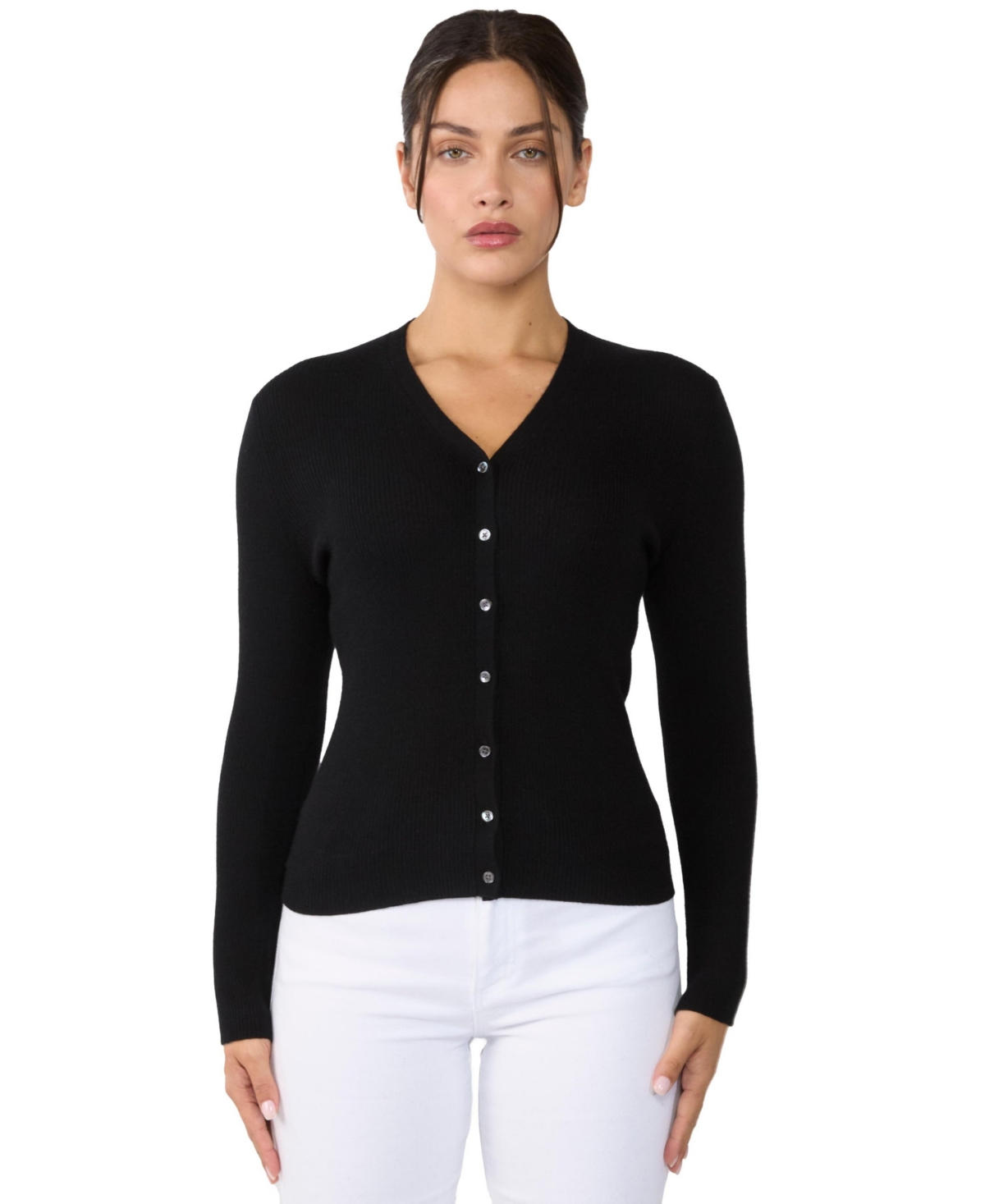 Jennie Liu Women’s 100% Cashmere V-Neck Cardigan Sweater | Ribbed Tissue Weight Cashmere Sweaters – Black Jennie Liu Women’s 100% Cashmere V-Neck Cardigan Sweater | Ribbed Tissue Weight Cashmere Sweaters – Black