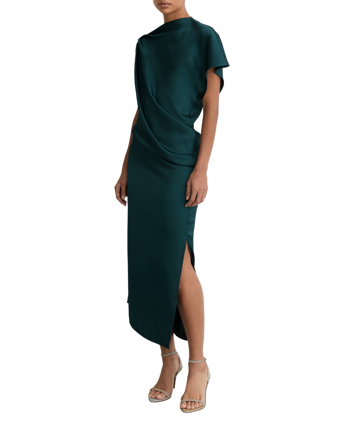 Reiss Women’s Satin Asymmetric Draped Midi Dress – Teal Green