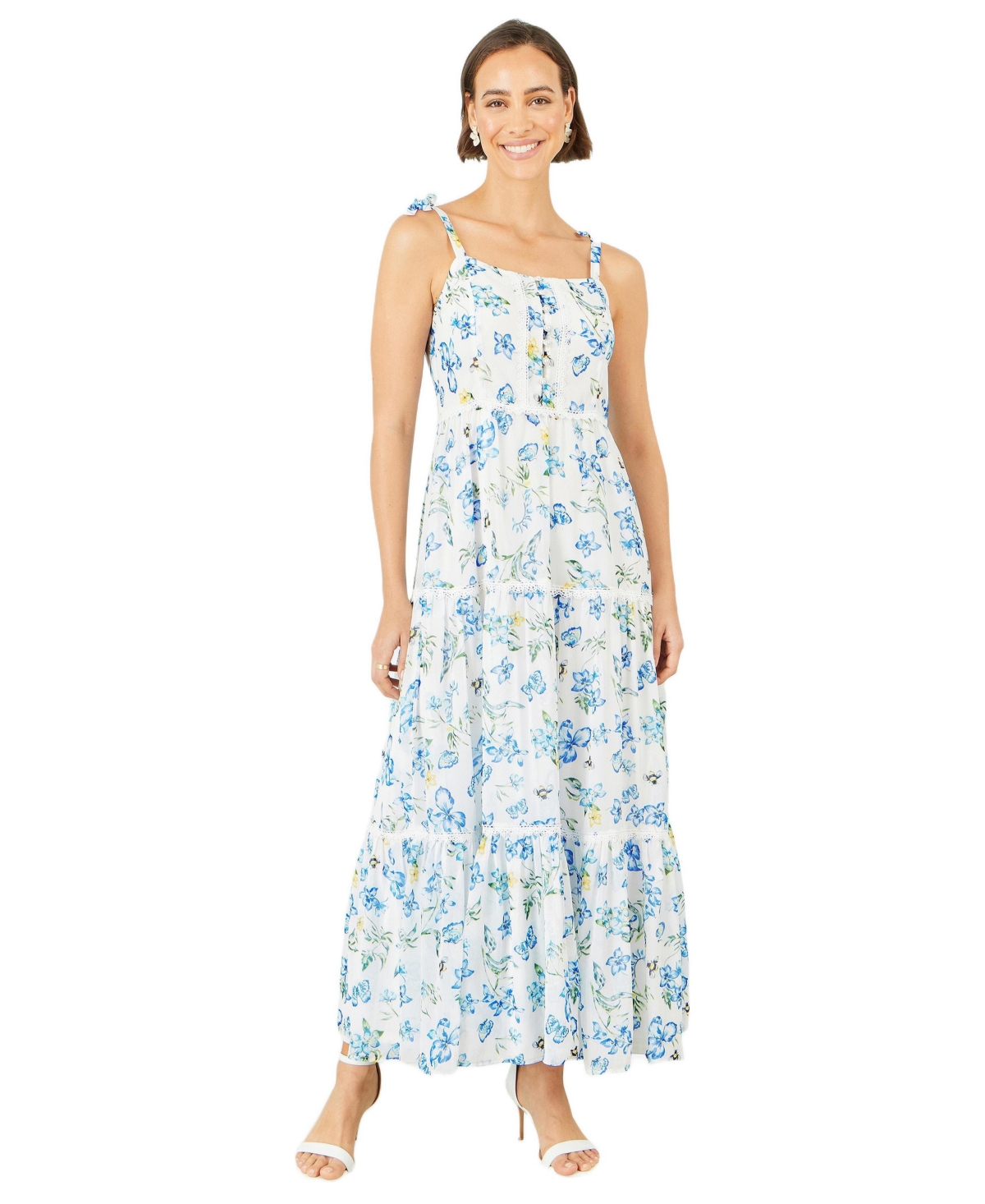 Yumi Women’s Butterfly Print Lace Trim Maxi Dress – White