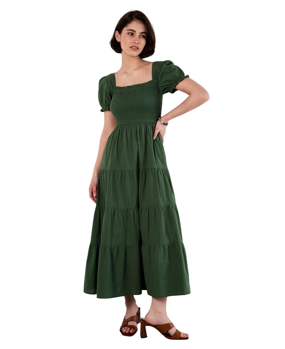 Apricot Women’s Smocked Cotton Poplin Midi Dress – Green