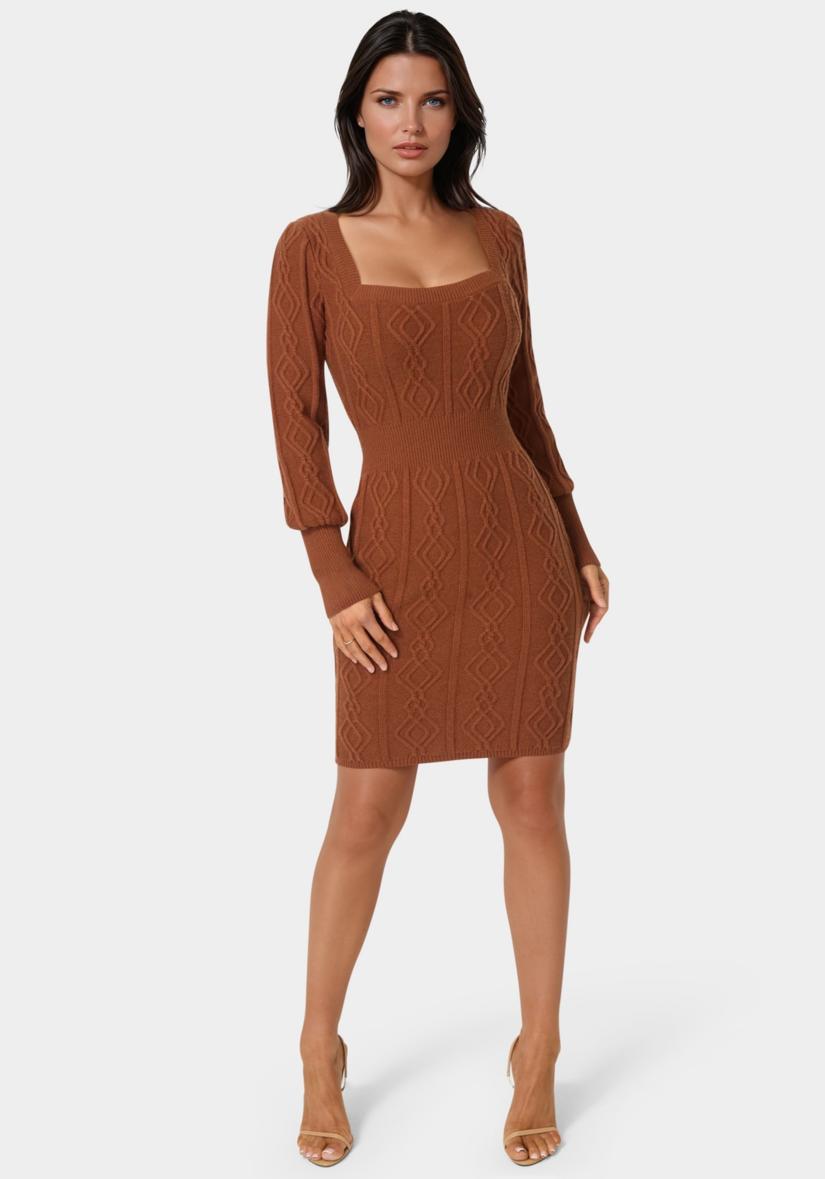 Bebe Women’s Square Neck Long Sleeve Cable Sweater Dress – Paprika Bebe Women’s Square Neck Long Sleeve Cable Sweater Dress – Paprika