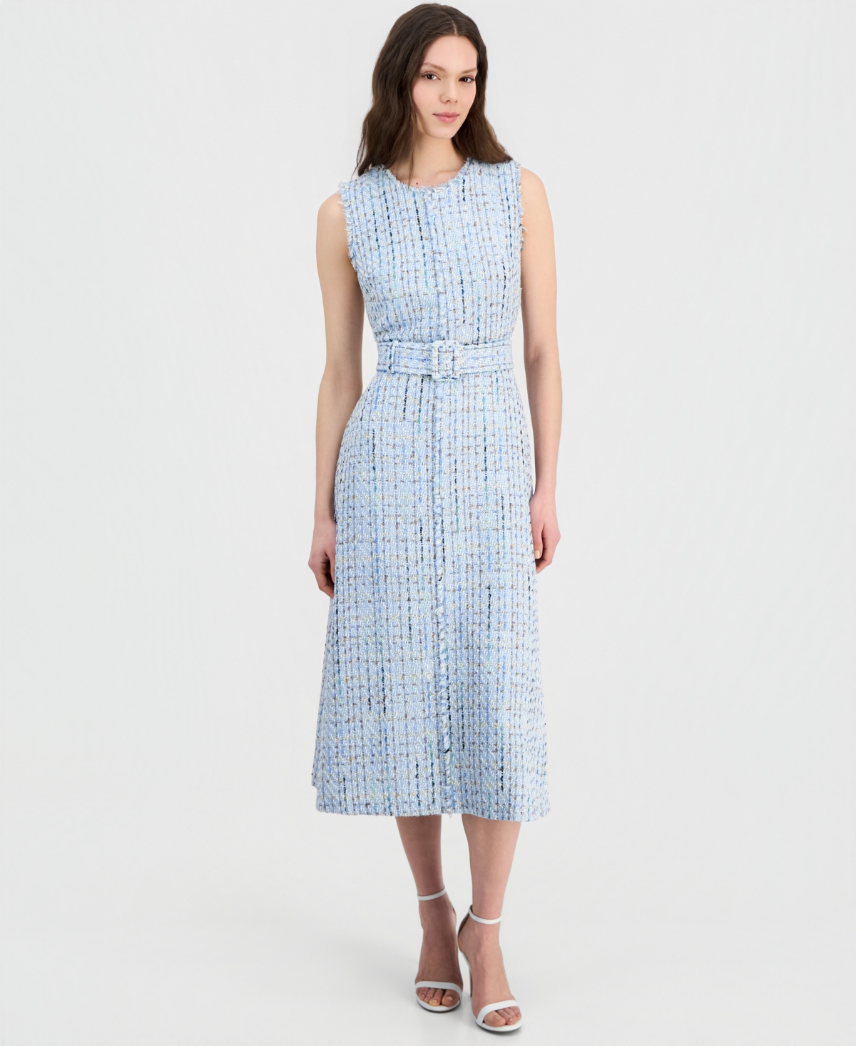 Anne Klein Women’s Tweed Belted Sleeveless Midi Dress – SURF BLUE MULTI Anne Klein Women’s Tweed Belted Sleeveless Midi Dress – SURF BLUE MULTI