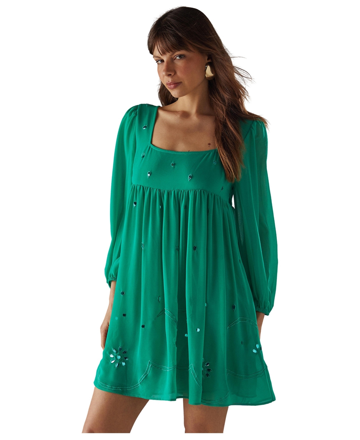 Warehouse Women’s Hand Embellished Square Neck Mini Dress – Green