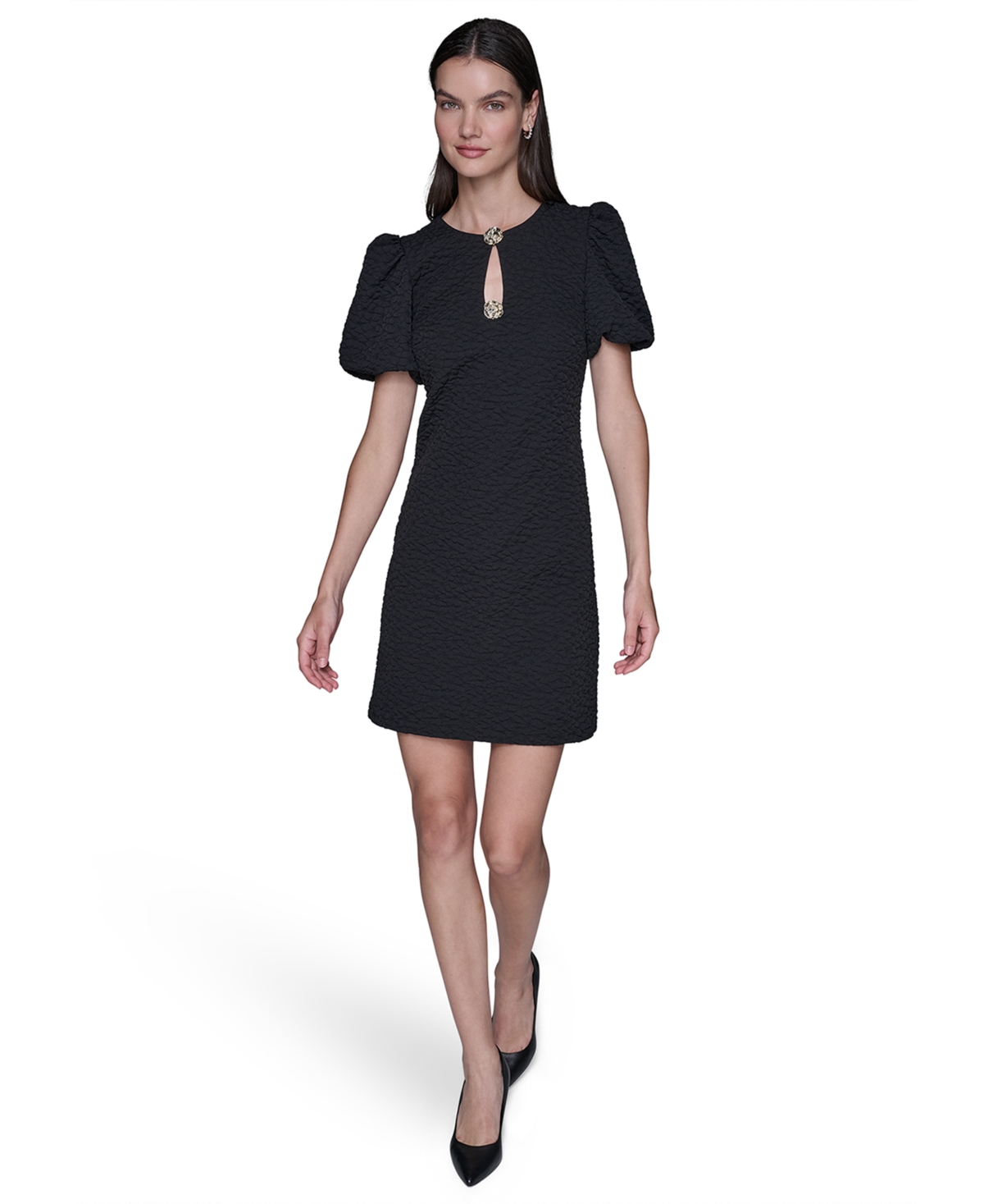 Karl Lagerfeld Paris Women’s Puff-Sleeve Floral Dress – Black