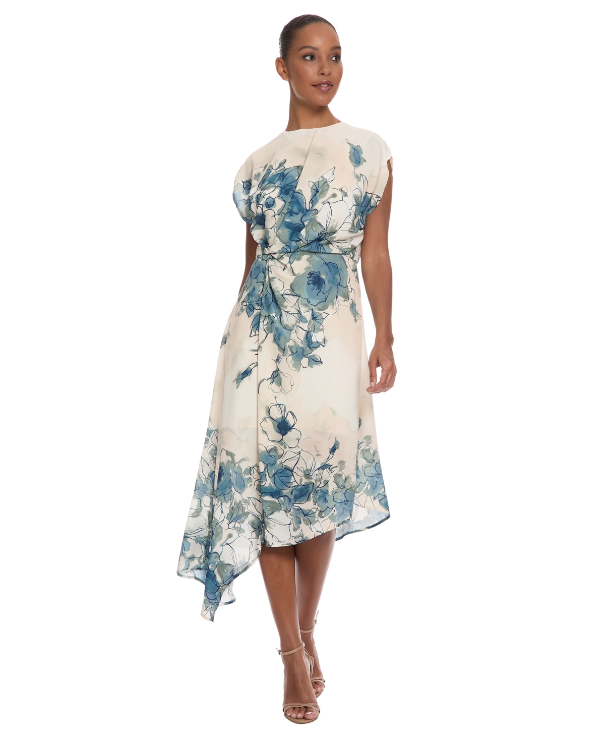 Maggy London Women’s Asymmetrical Floral Midi Dress – Ivory/Blue Steel Maggy London Women’s Asymmetrical Floral Midi Dress – Ivory/Blue Steel