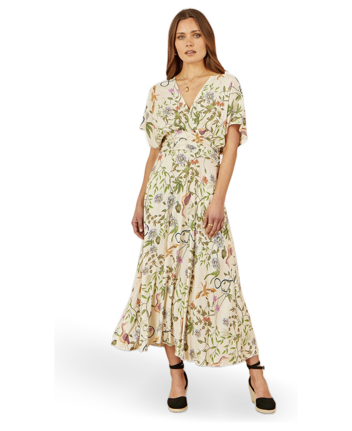 Yumi Women’s Floral Print Ruched Waist Midi Dress – Beige