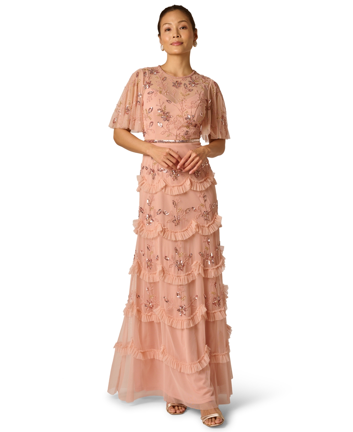 Adrianna Papell Women’s Bead Mesh Crewneck Ruffle Dress – CORAL COAST Adrianna Papell Women’s Bead Mesh Crewneck Ruffle Dress – CORAL COAST