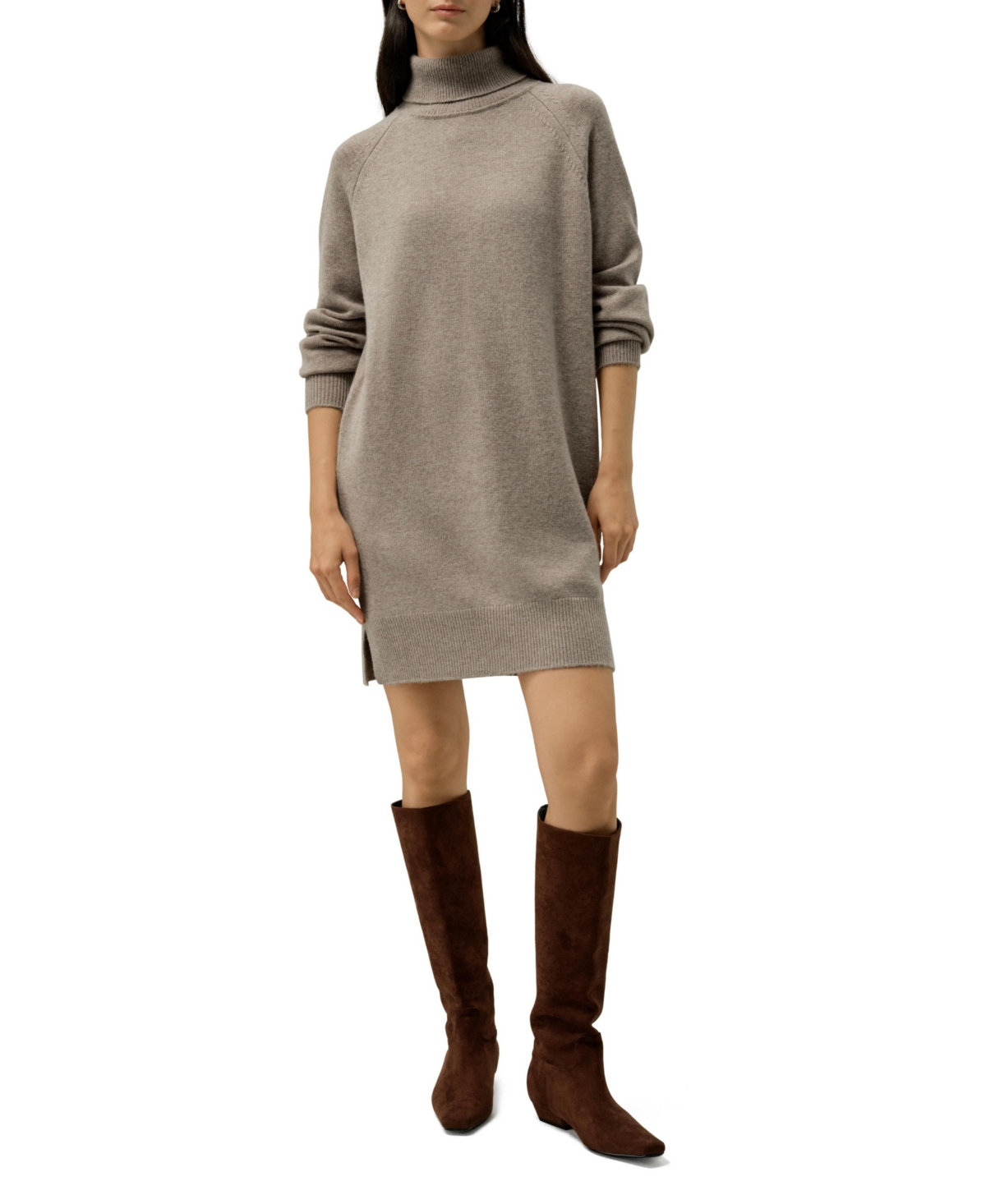 Lilysilk Women’s Wool-Cashmere Turtleneck Sweater Dress – Toast