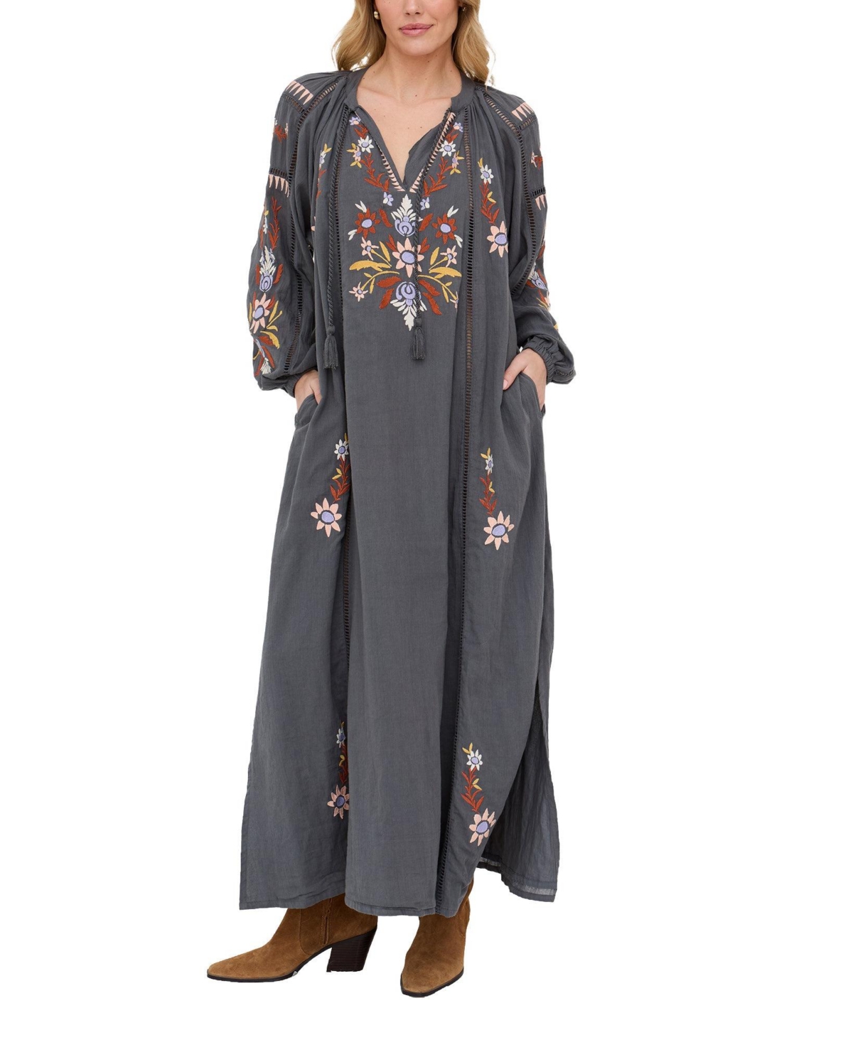 Raffya Women’s Elisa Kaftan Style Embroidered Maxi Dress – Dark grey Raffya Women’s Elisa Kaftan Style Embroidered Maxi Dress – Dark grey