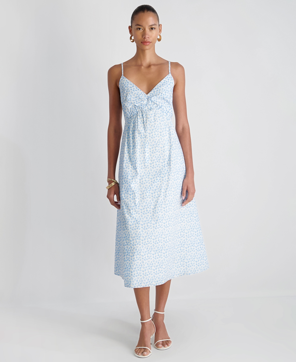French Connection Women’s Floral Print Midi Dress – Stacey Fleur White/Poolside Blue