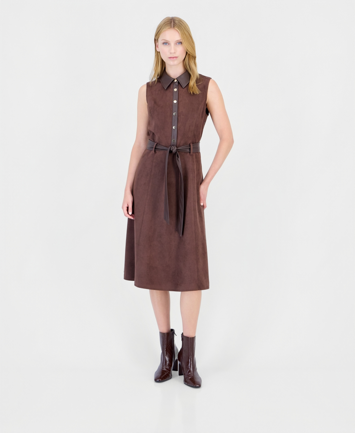 T Tahari Women’s Fit-and-Flare Collared Sleeveless Faux Suede Midi Dress – Rich Mocha