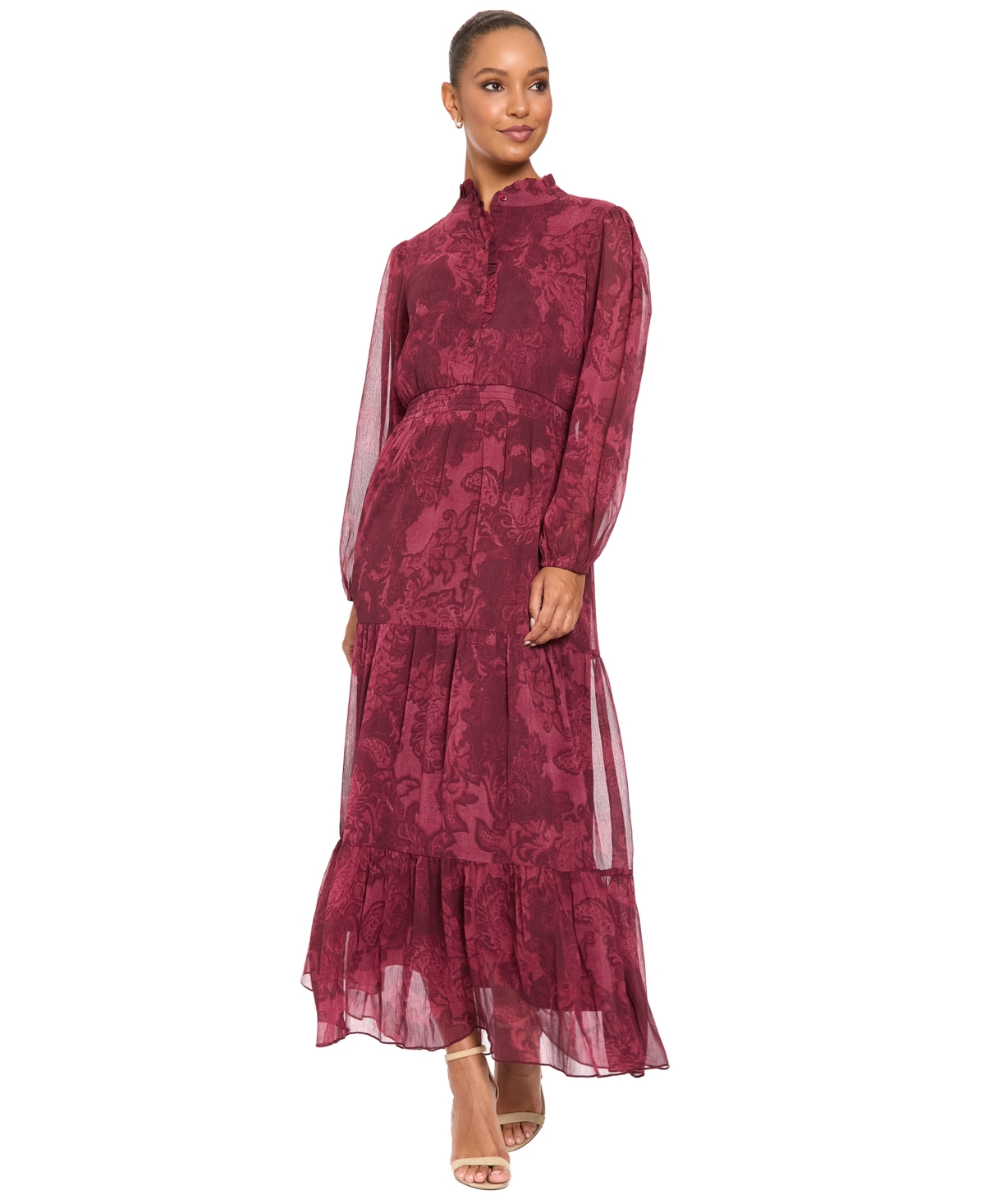 London Times Women’s Floral-Print Sheer Long-Sleeve Tiered Long Dress – Brown/Mauve London Times Women’s Floral-Print Sheer Long-Sleeve Tiered Long Dress – Brown/Mauve