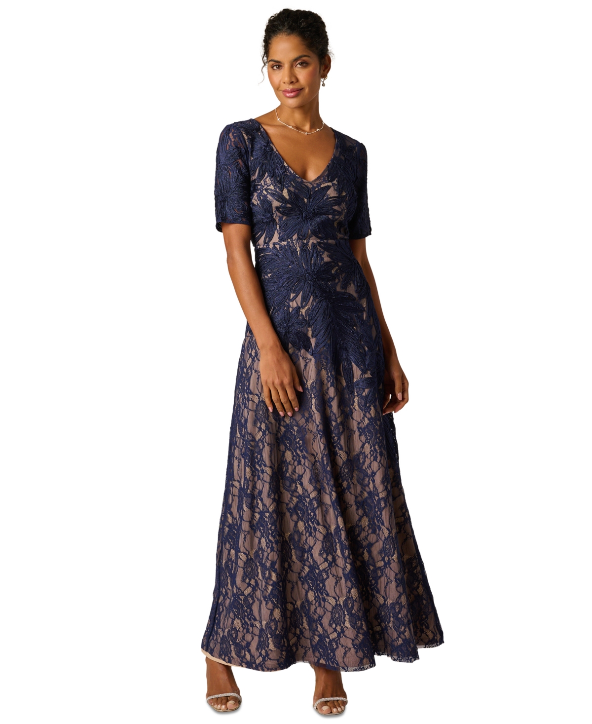 Adrianna Papell Women’s V-Neck Lace Dress – Navy/Nude Adrianna Papell Women’s V-Neck Lace Dress – Navy/Nude