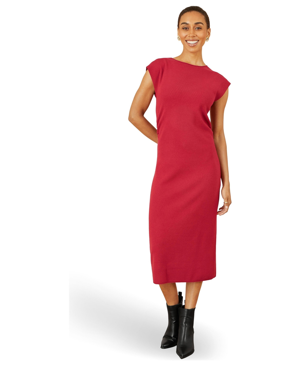 Yumi Women’s Knitted Ruched Midi Dress – Burgundy