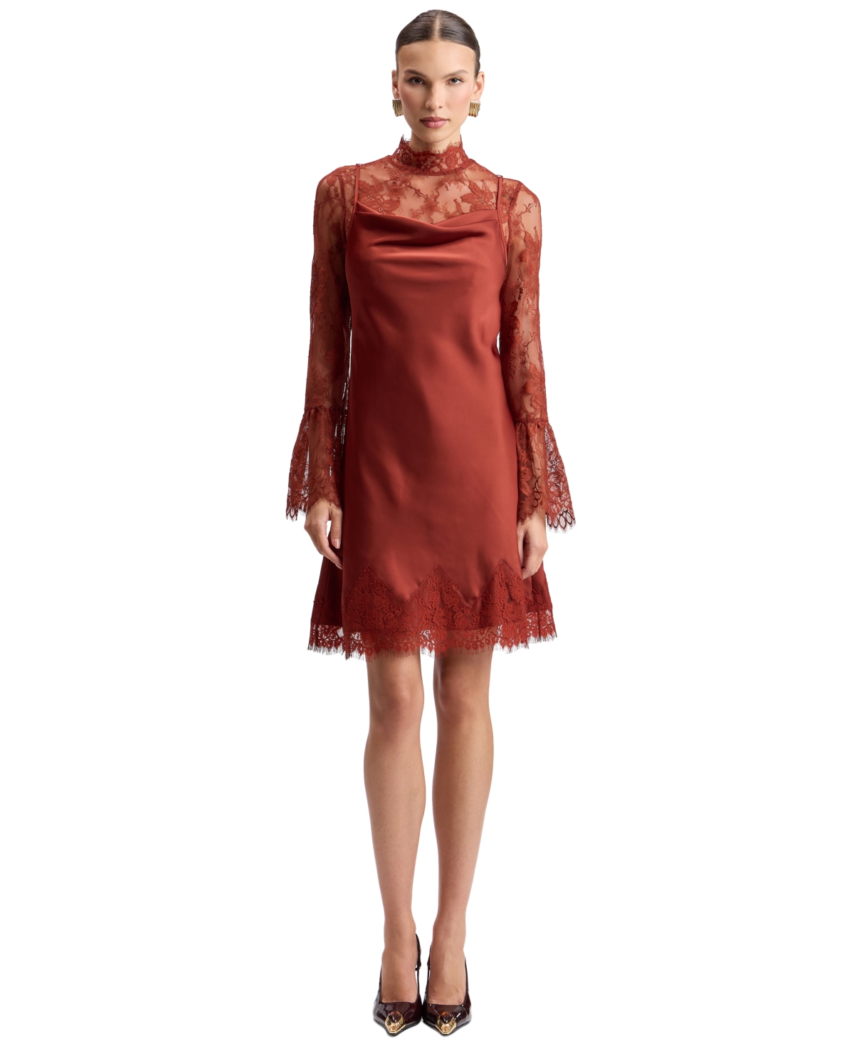 Avec Les Filles Women’s Twofer Long-Sleeve Mock-Neck Lace Mini Dress – Cognac