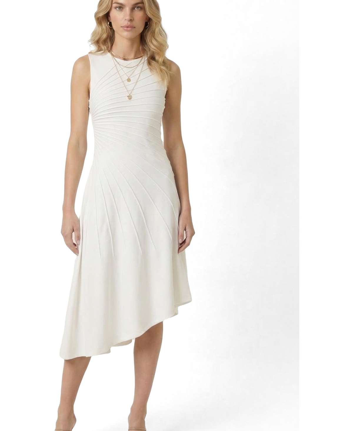 Modenaire Women’s Sleeveless Asymmetrical-Hem Midi Dress – White