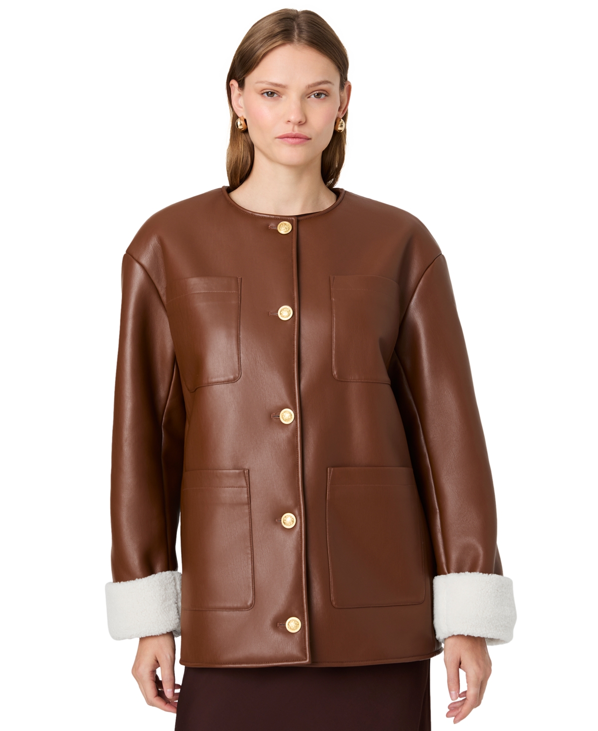 French Connection Women’s Porto Faux Leather Sherpa-Lined Long-Sleeve Coat – Dark Caramel French Connection Women’s Porto Faux Leather Sherpa-Lined Long-Sleeve Coat – Dark Caramel