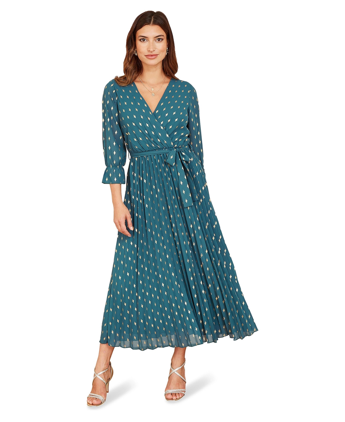 Yumi Women’s Pleated Metallic Wrap Midi Dress – Teal Yumi Women’s Pleated Metallic Wrap Midi Dress – Teal