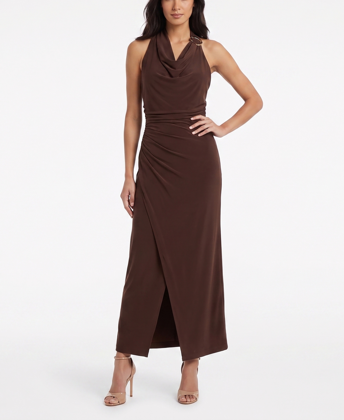 Taylor Women’s Ruched Sleeveless Cowl Neck Dress – Espresso Bark
