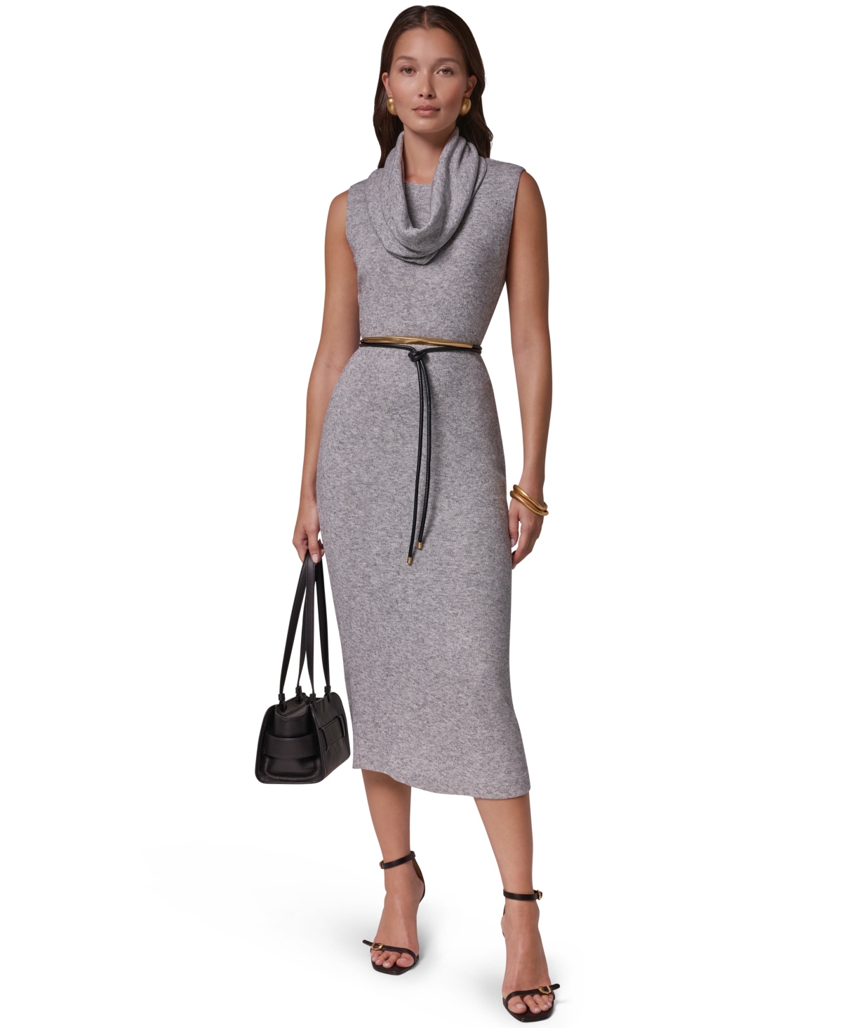 Donna Karan New York Women’s Cowl Neck Attached Scarf Belted Sweater Dress – Light Heather Grey Donna Karan New York Women’s Cowl Neck Attached Scarf Belted Sweater Dress – Light Heather Grey