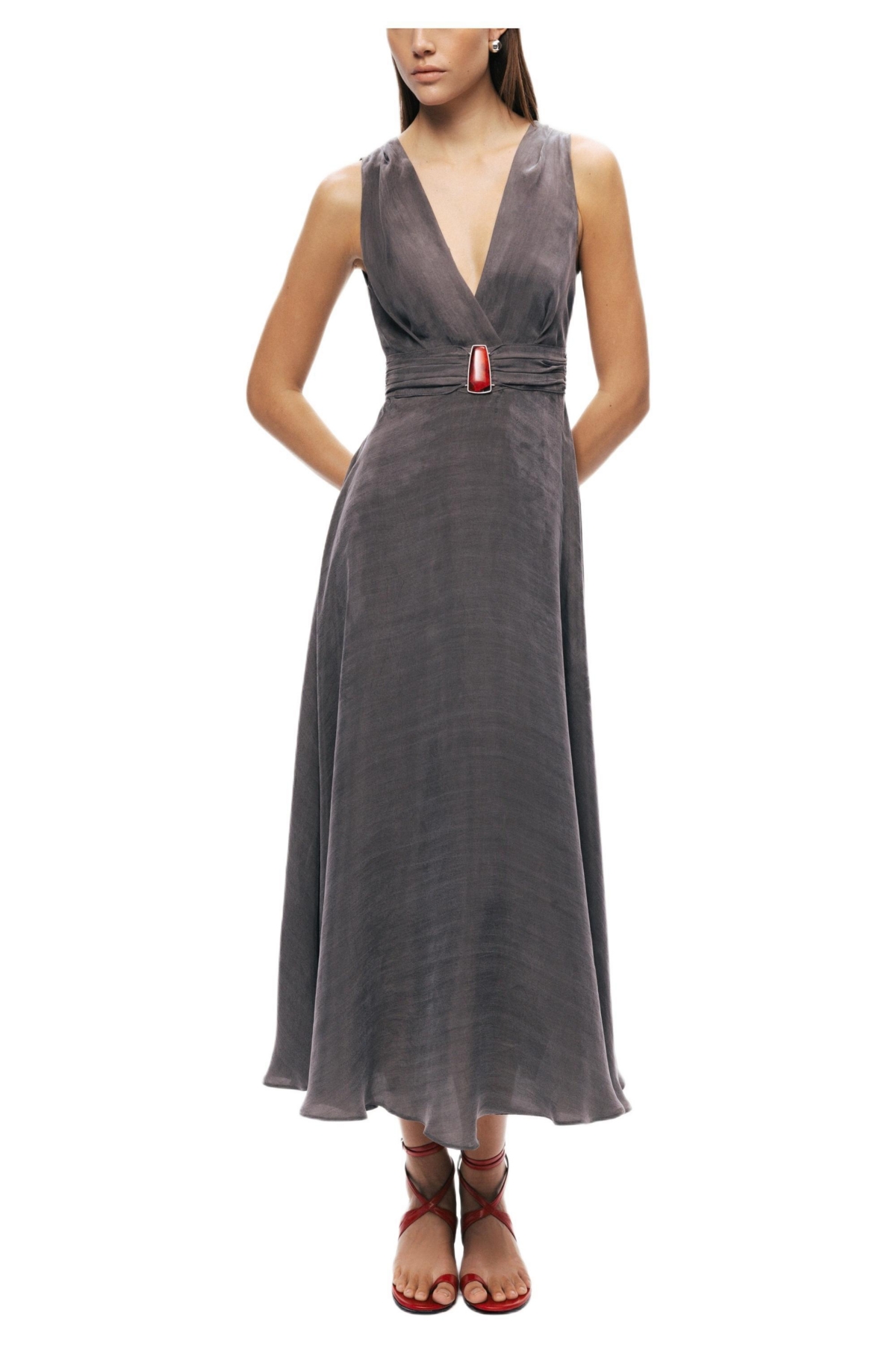 Nocturne Women’s V-Neck Sleeveless Midi Dress – Anthracite Nocturne Women’s V-Neck Sleeveless Midi Dress – Anthracite