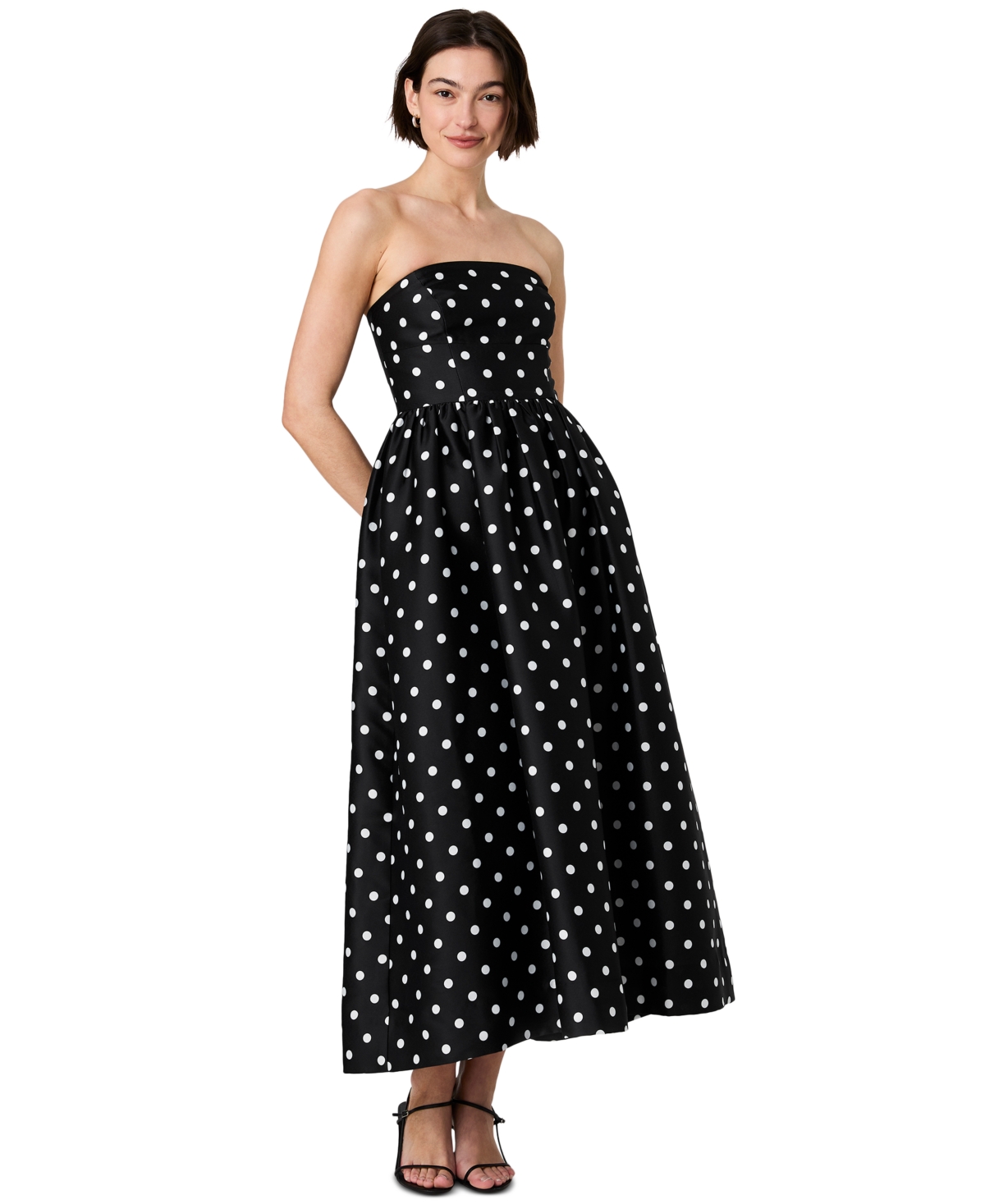 French Connection Women’s Structured Taffeta Strapless Polka Dot Midi Dress – Black/Summer White