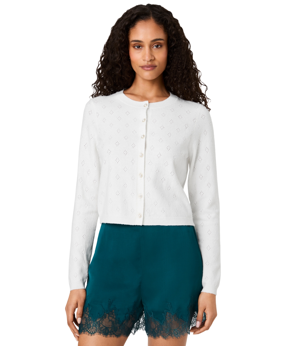 French Connection Women’s Dakota Cropped Pointelle Cardigan Sweater – Winter Whi French Connection Women’s Dakota Cropped Pointelle Cardigan Sweater – Winter Whi